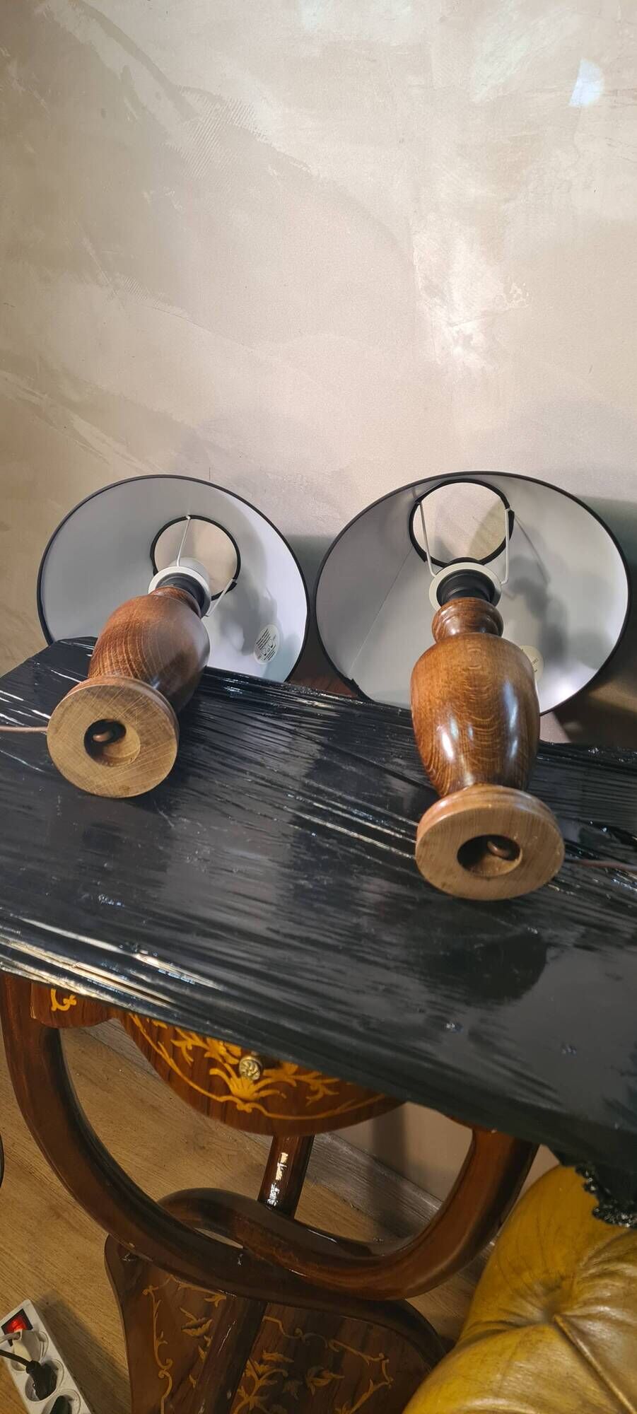 Pair of scandinavian design bedside lamps in turned wood elec ok 48x25
