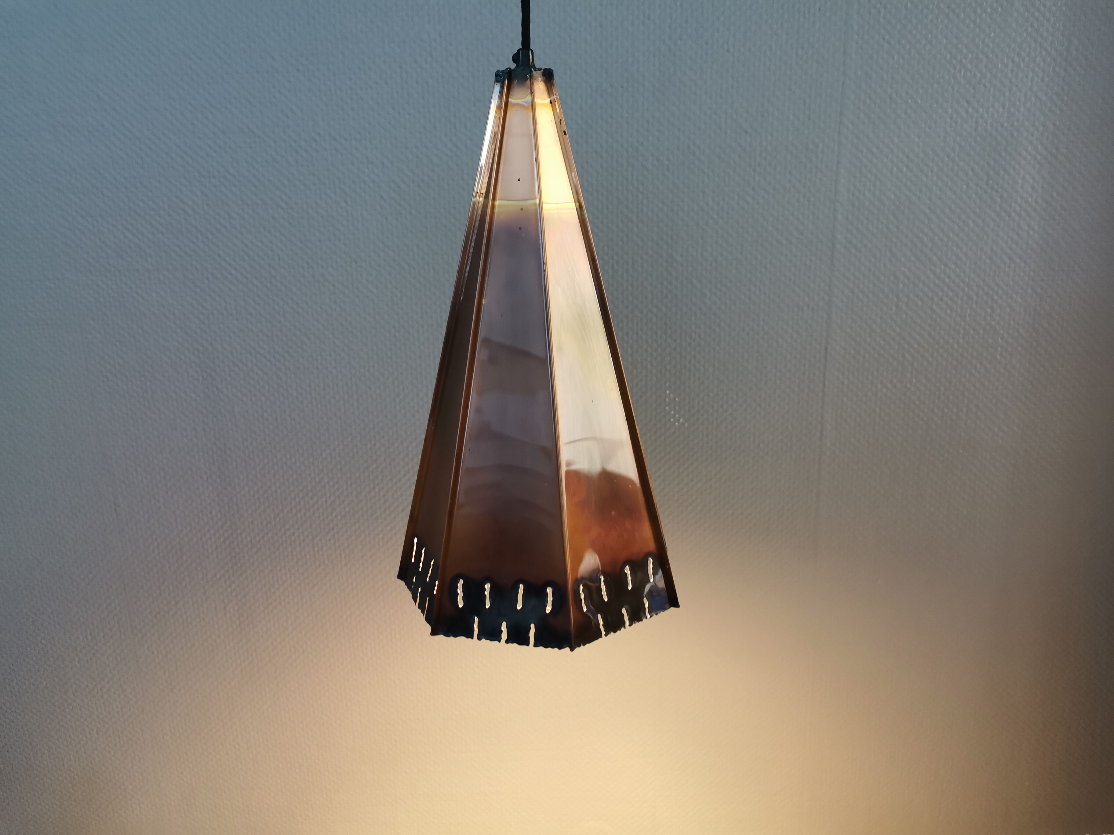 Older Danish cone-shaped hanging lamp in copper-colored lacquer with an inner contrasting shade.