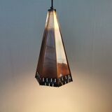 Older Danish cone-shaped hanging lamp in copper-colored lacquer with an inner contrasting shade.