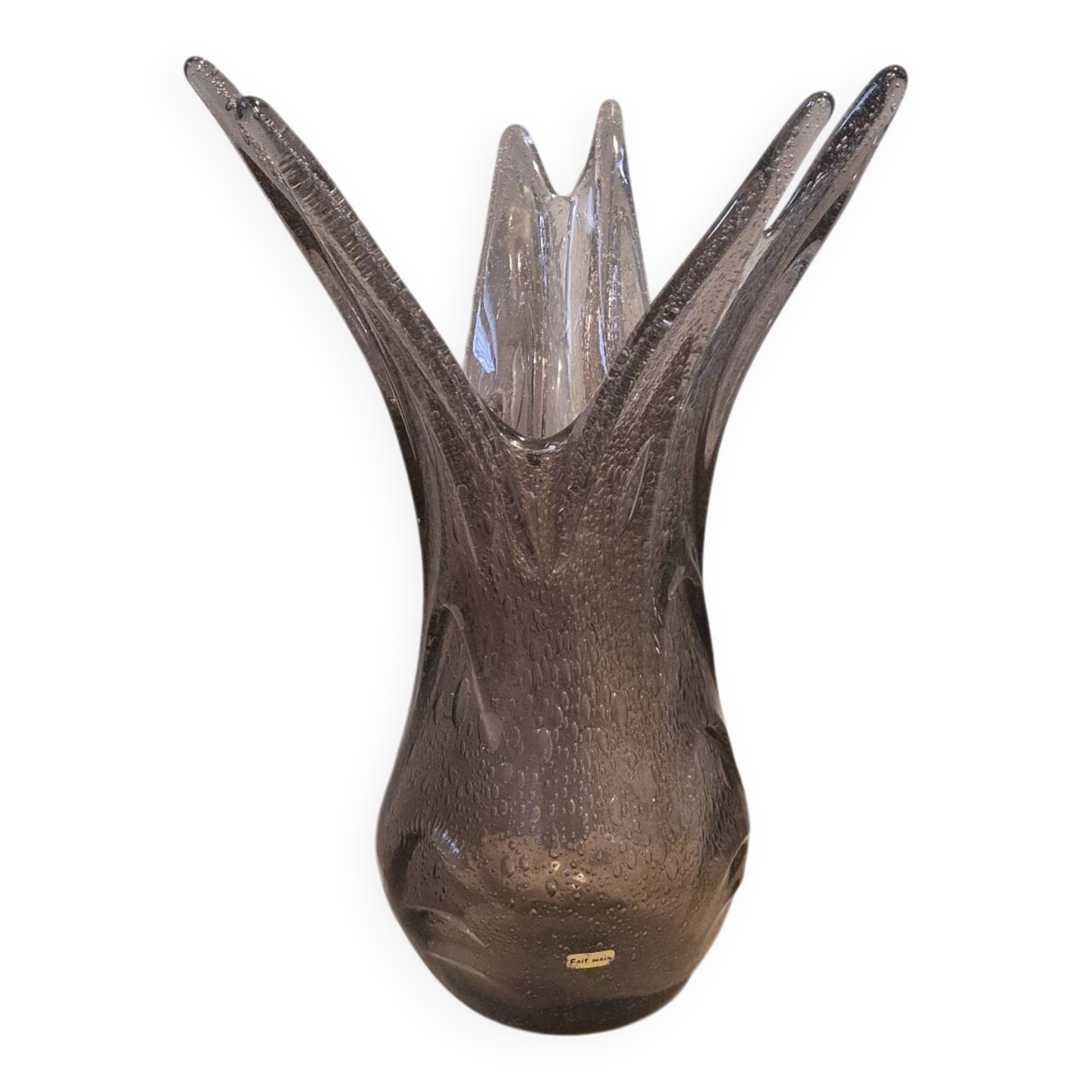 Vintage large blown glass vase with bubbles in mauve.