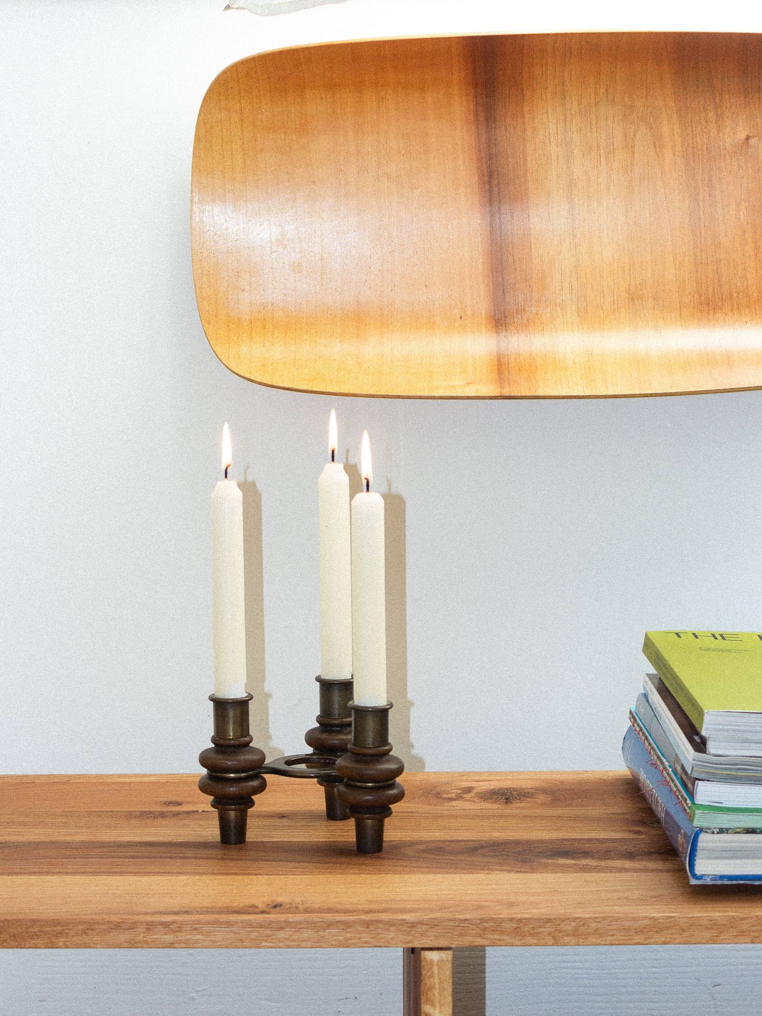 Tripod candle holder in wood and brass, Germany, 1960s/70s
