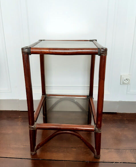 Rattan shelf and smoked glass 1970