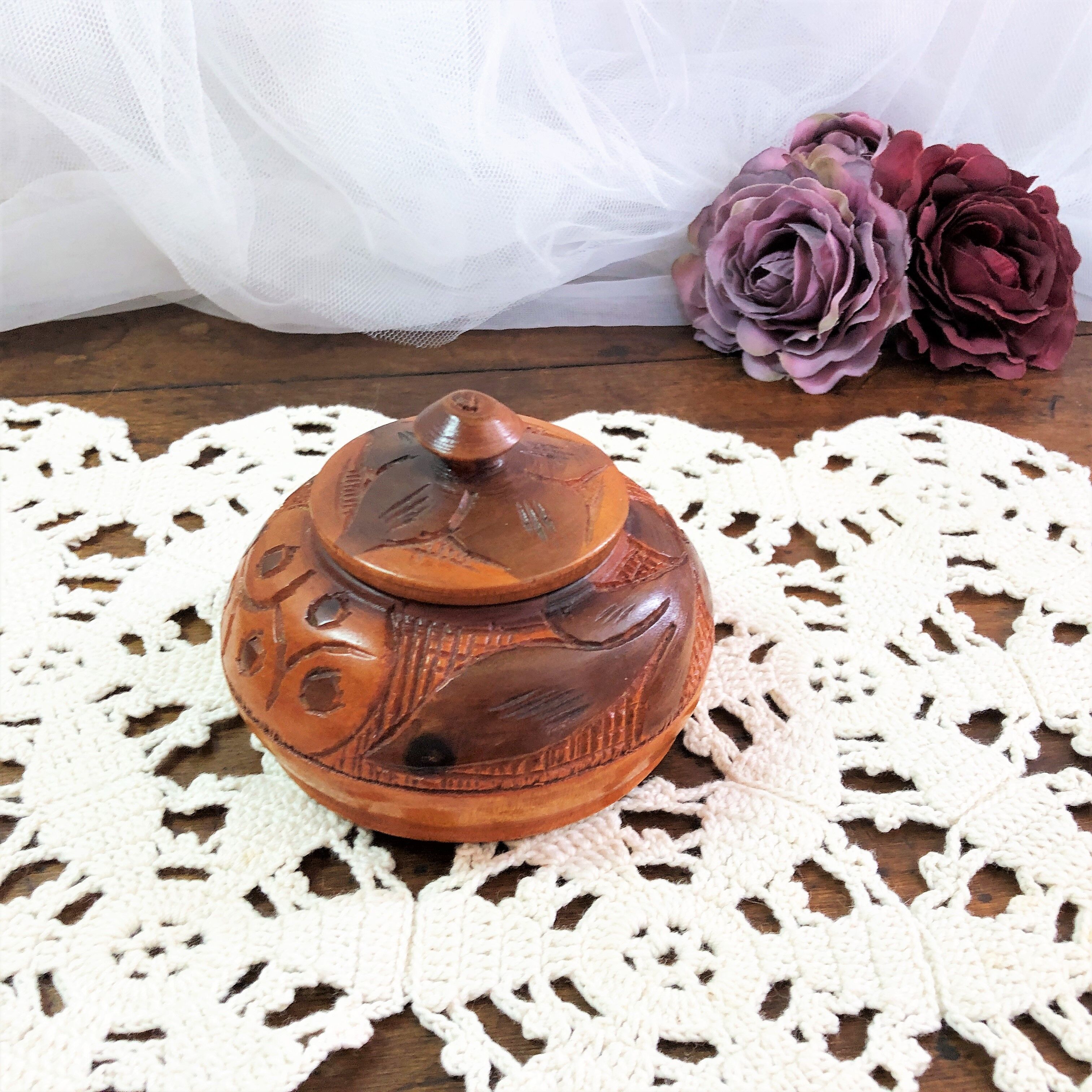 Handmade wooden box brown copper polychrome vintage