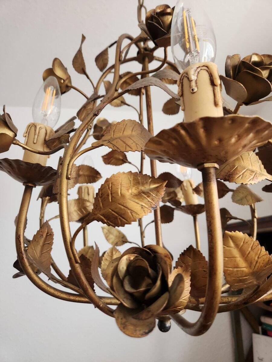 Hollywood Regency 4-light floral chandelier gilt with roses Italy 1960-1970