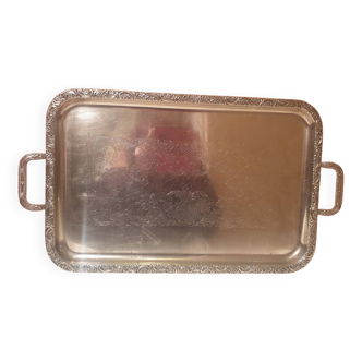 Large antique silver metal tray with engraved decoration 61 cm