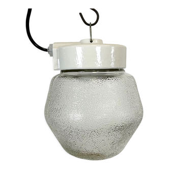 Vintage White Porcelain Pendant Light with Frosted Glass, 1970s