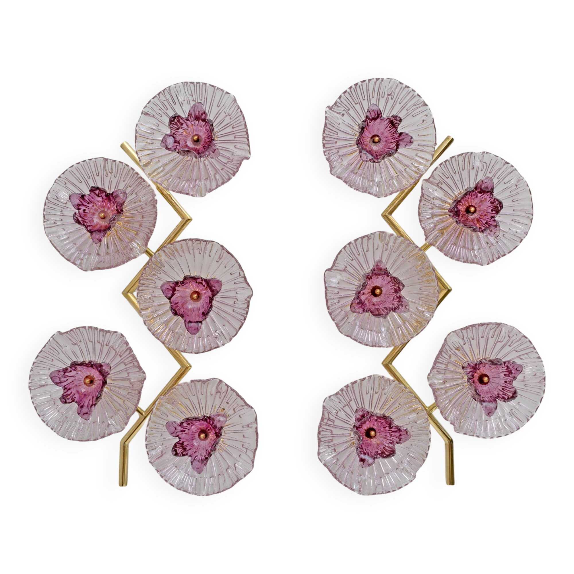 Pair of Modern Italian Murano Glass and Brass Flowers Wall Lamps