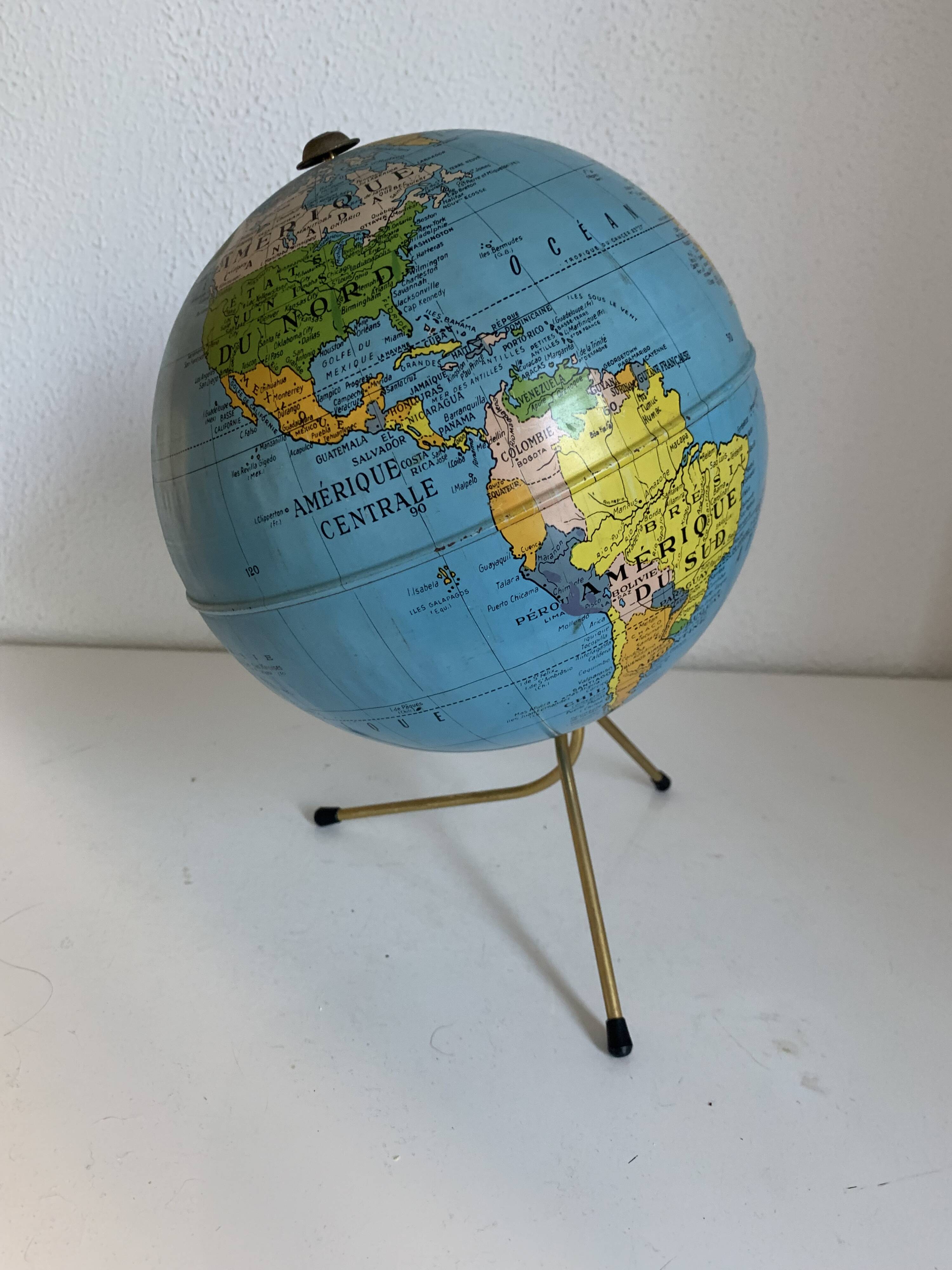 Vintage 1960 golden terrestrial globe by Taride, tripod world map - 28 cm
