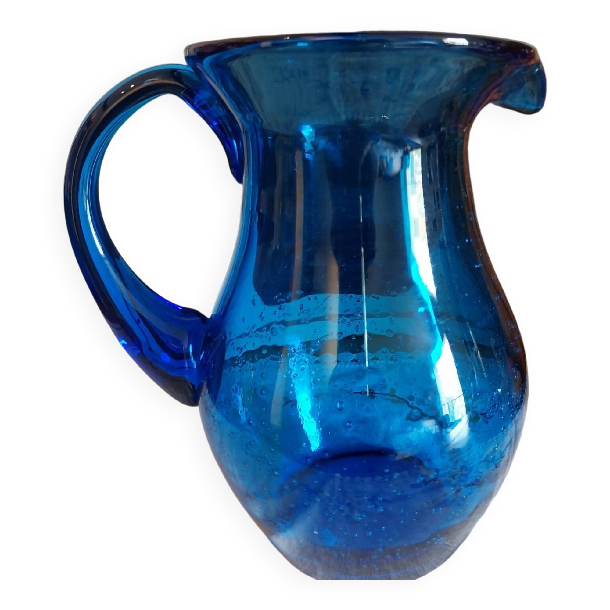 Blue carafe in bubbled blown glass similar to Biot glassware