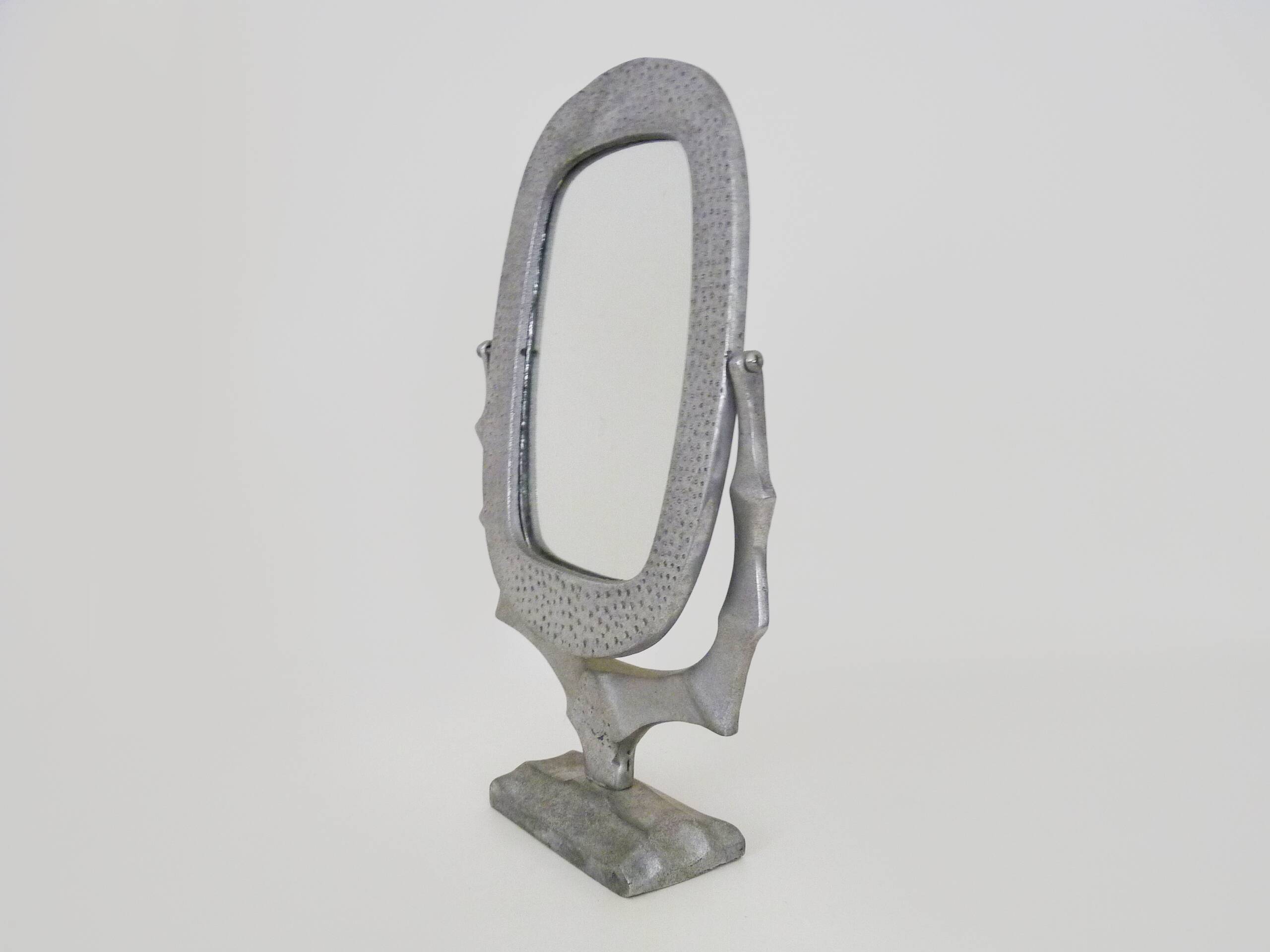 Old large Psyche Gothic table mirror in cast aluminum, Brutalist Mexican style. 70