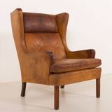 Fauteuil danois vintage en cuir de buffle, style Børge Mogensen, années 1960.