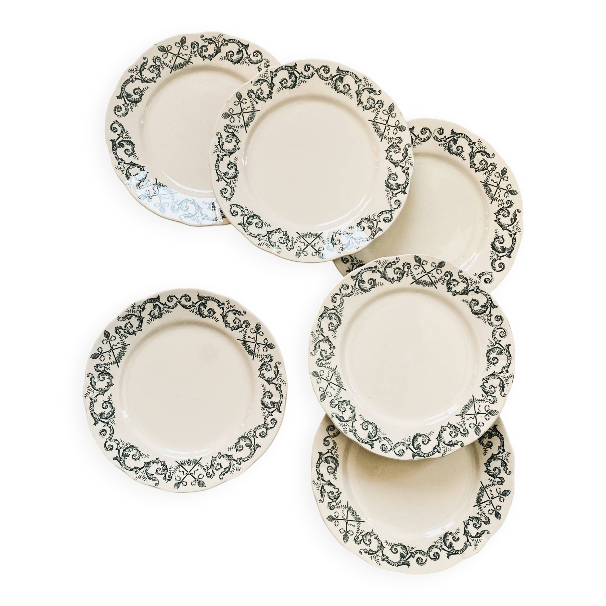 6 assiettes dessert terre de fer Longchamp modèle Trévise vert faïence