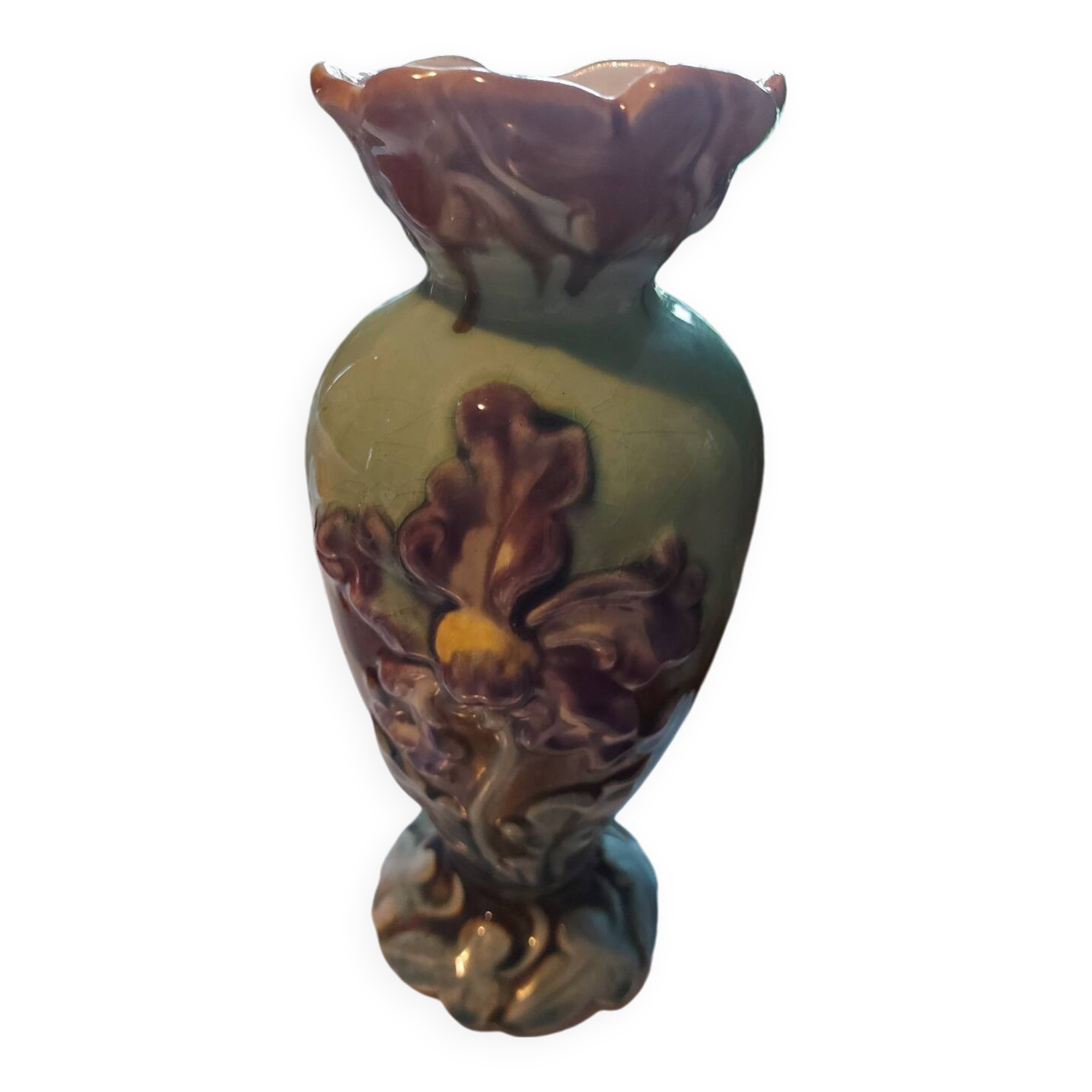 Antique iris flower vase in art deco style slip earthenware