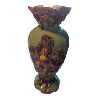 Antique iris flower vase in art deco style slip earthenware