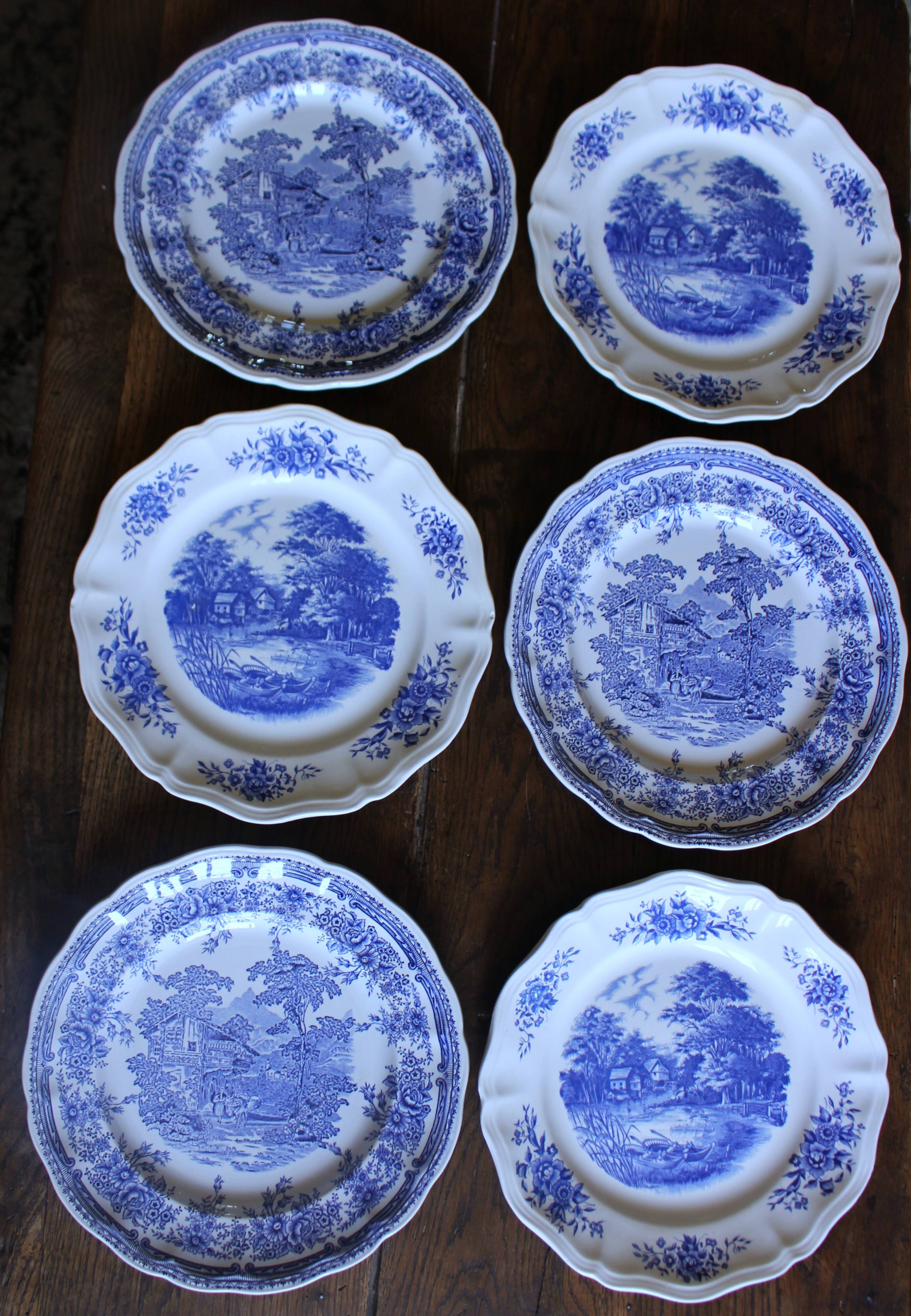6 romantic blue Lunéville Sarreguemines dinner plates
