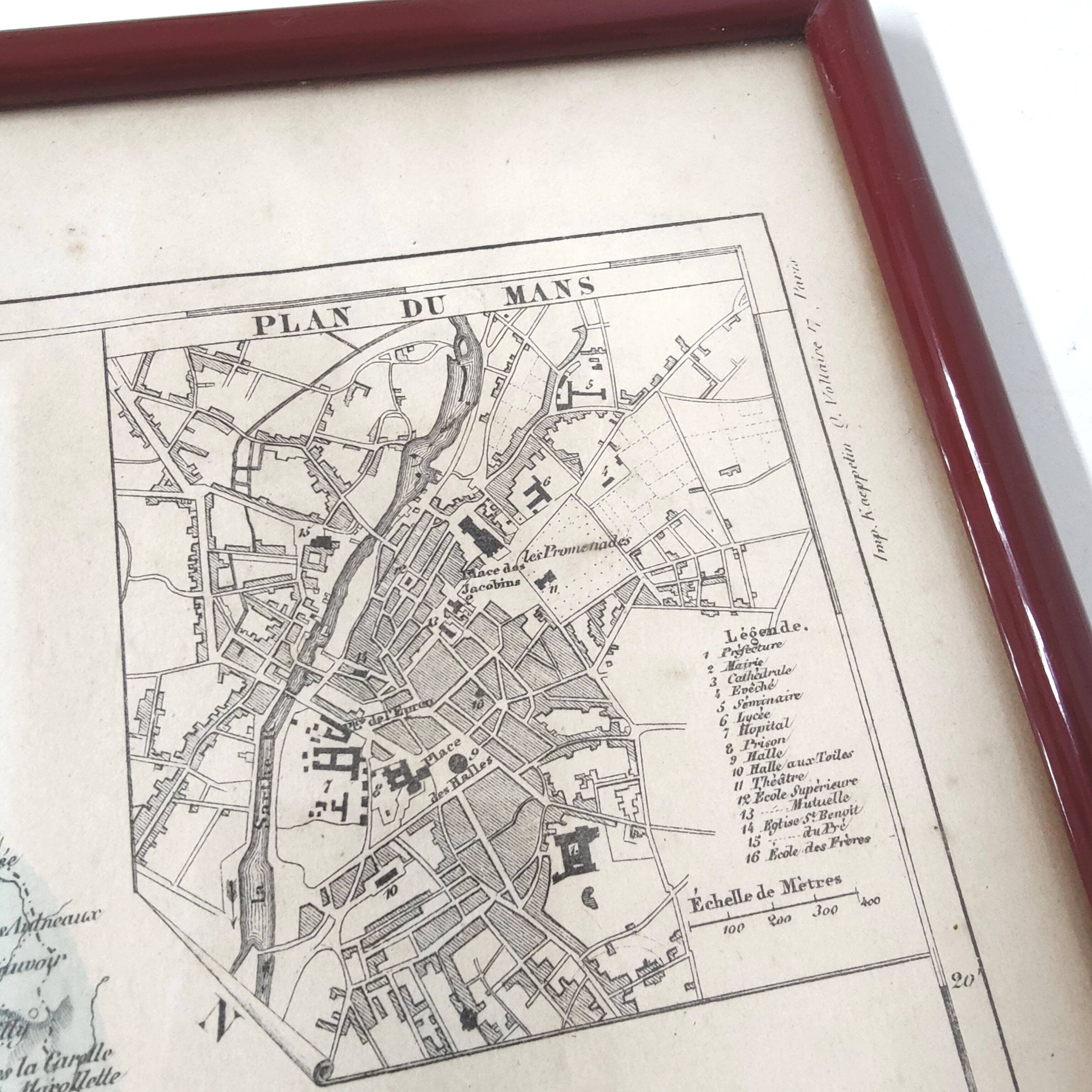 Engraved map of Sarthe wooden frame old plan of Le Mans