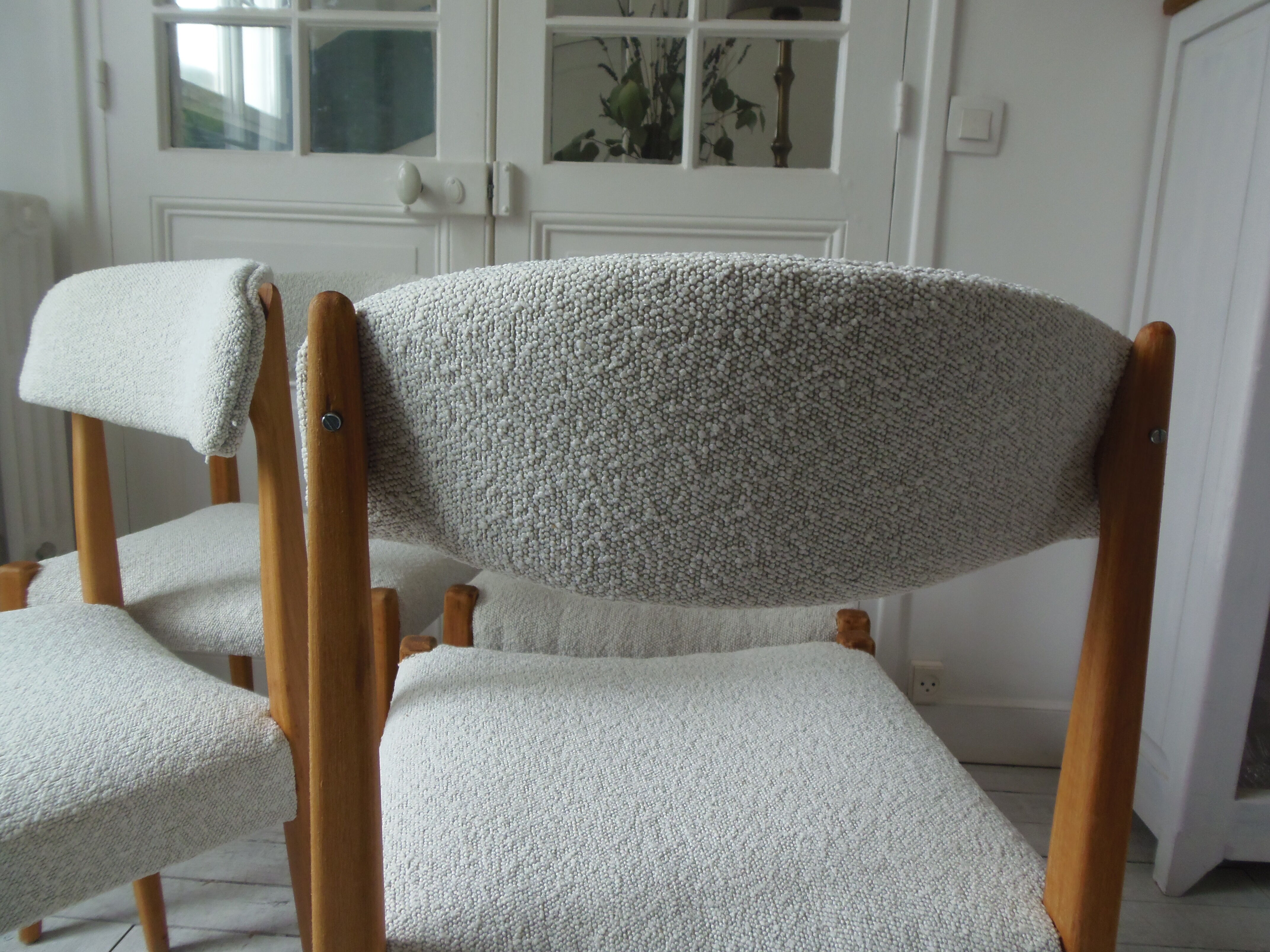 Set of 4 vintage Scandinavian style chairs in beech and cream curl.
