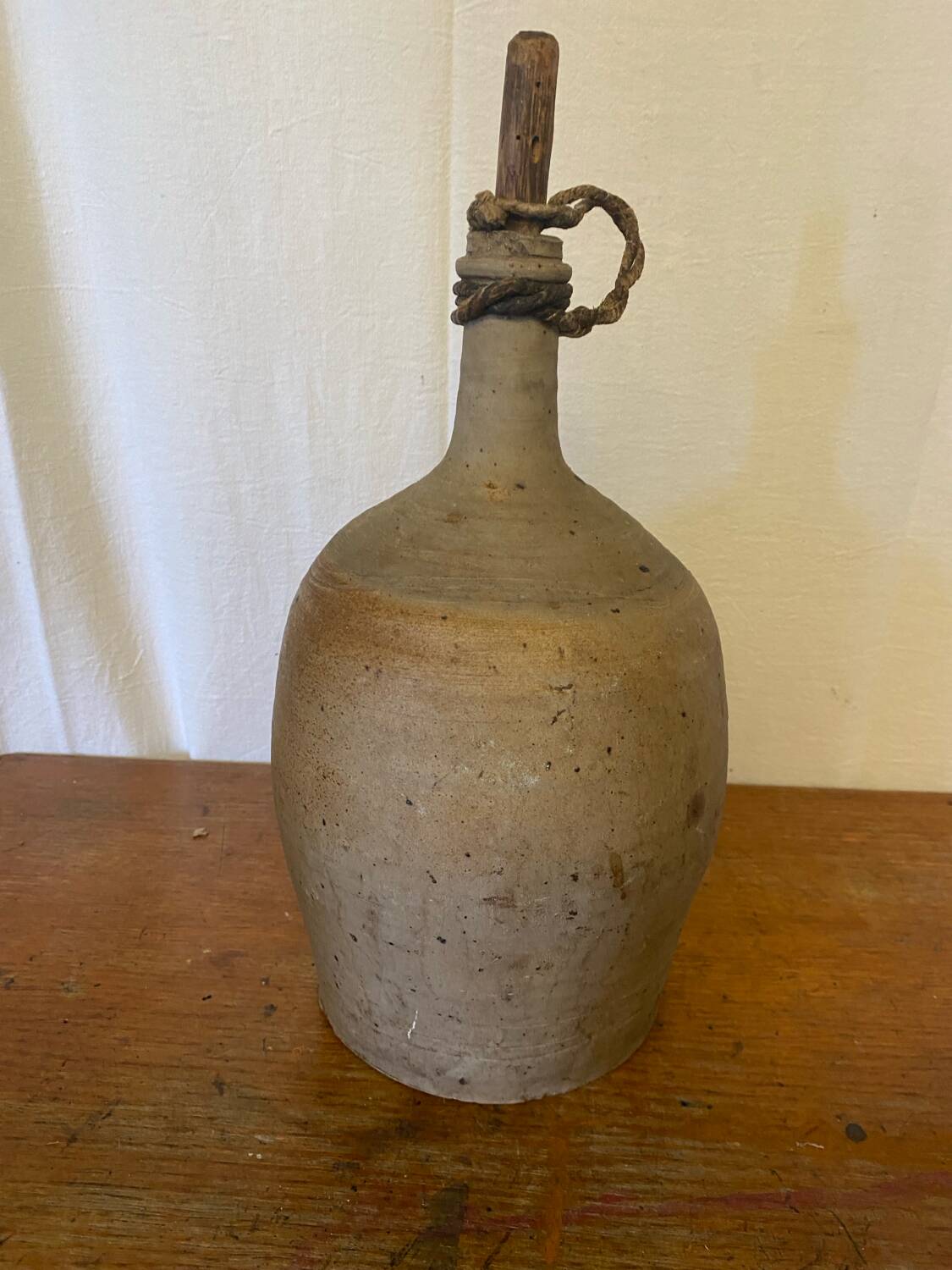 Antique Beige Stoneware Bottle + Wooden Stopper Large Volume Vintage
