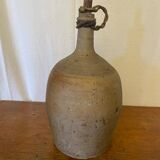 Antique Beige Stoneware Bottle + Wooden Stopper Large Volume Vintage