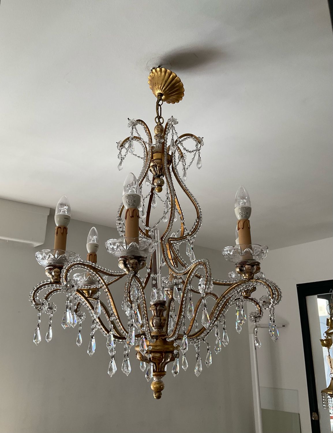 Old Venetian chandelier with Bohemian crystal tassels and gilded wood