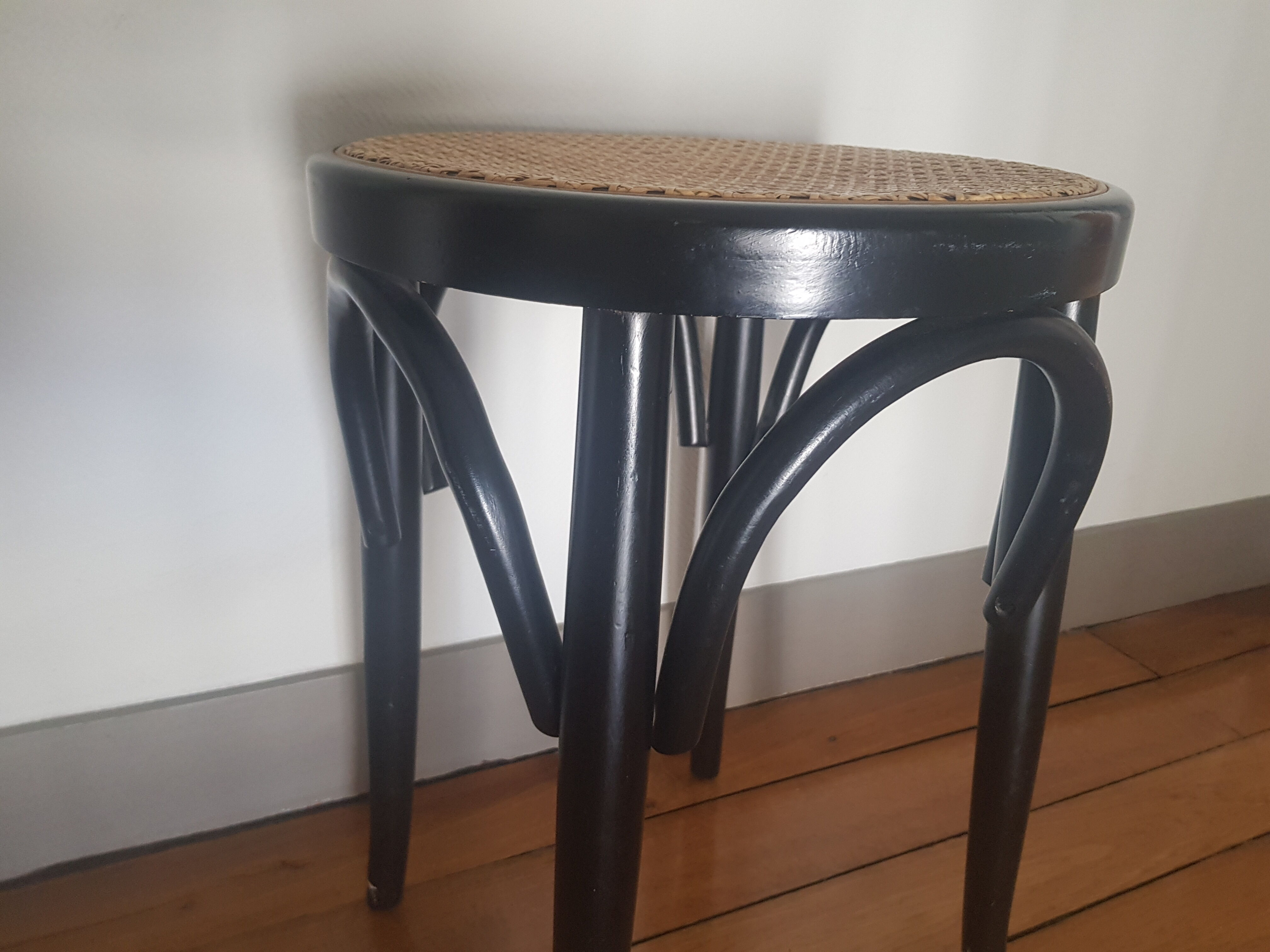 Wooden and rattan tabouret