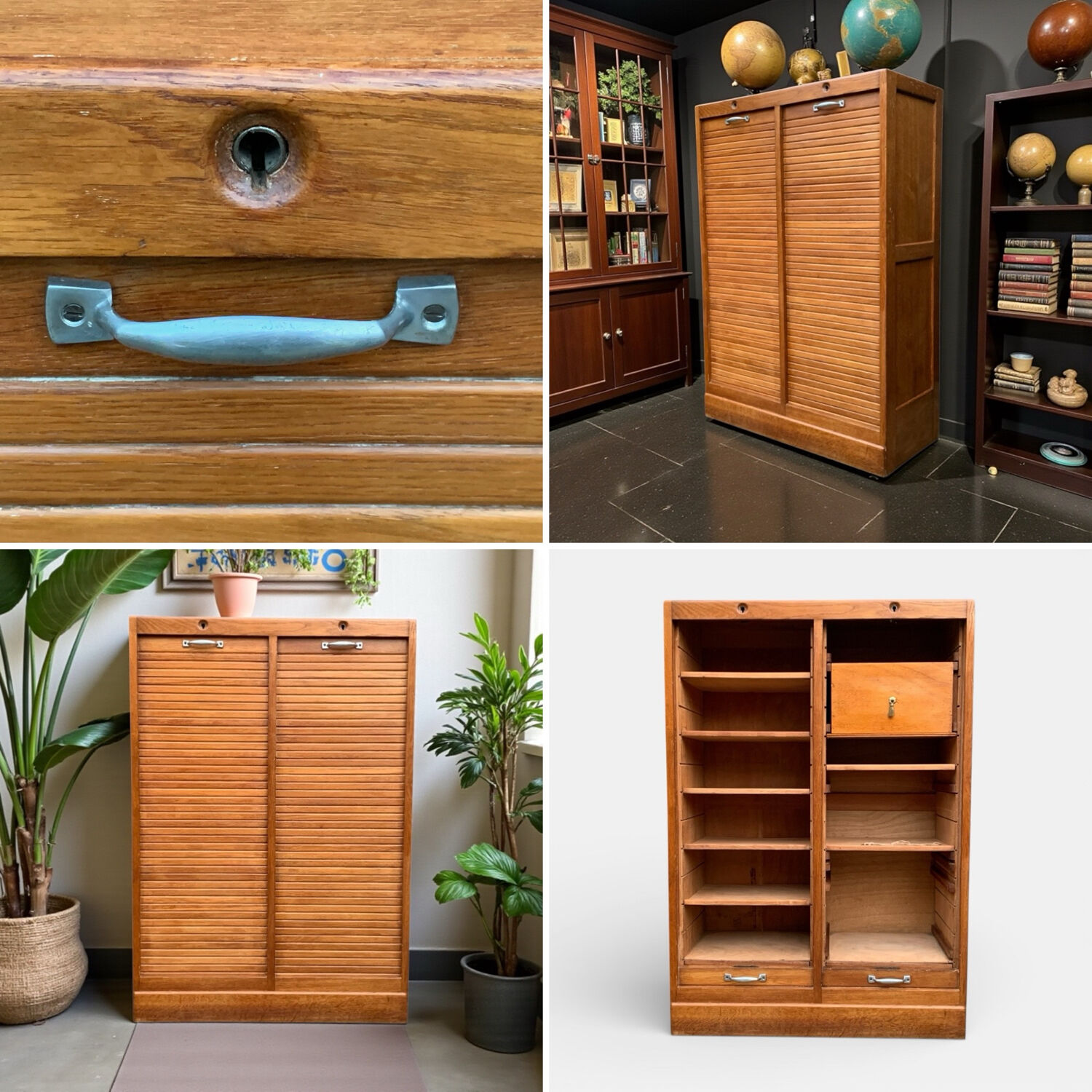 Antique oak tambour door filing cabinet, H120