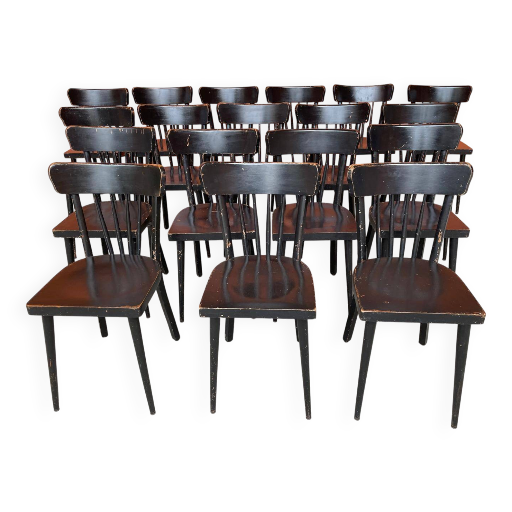 Set of 18 curved wooden bistro chairs with patina from the 60s