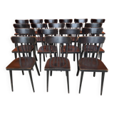 Set of 18 curved wooden bistro chairs with patina from the 60s
