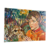 Portrait of a young man and his greyhound
