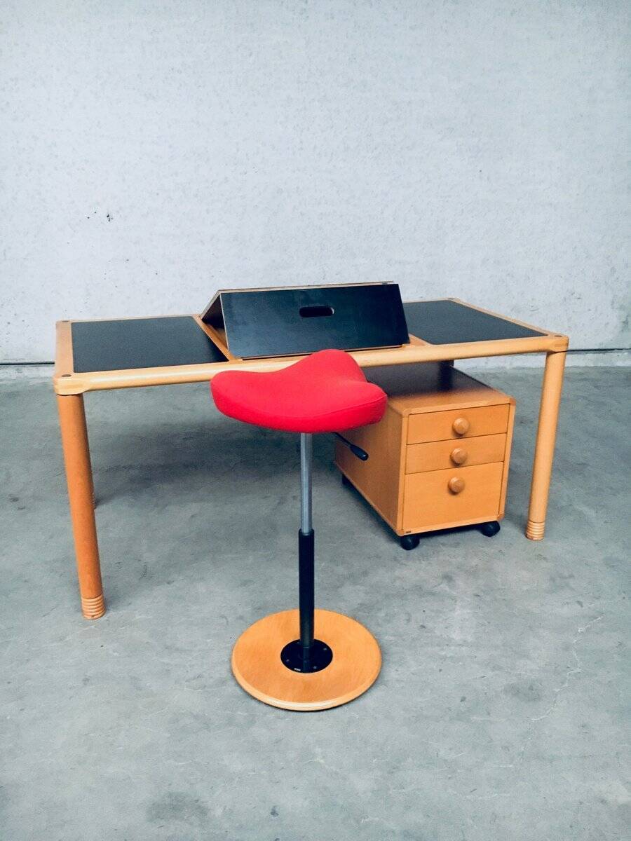 Scandinavian Ergonomic Design Writing Desk and Stool from Stokke, 1980s, Set of 3