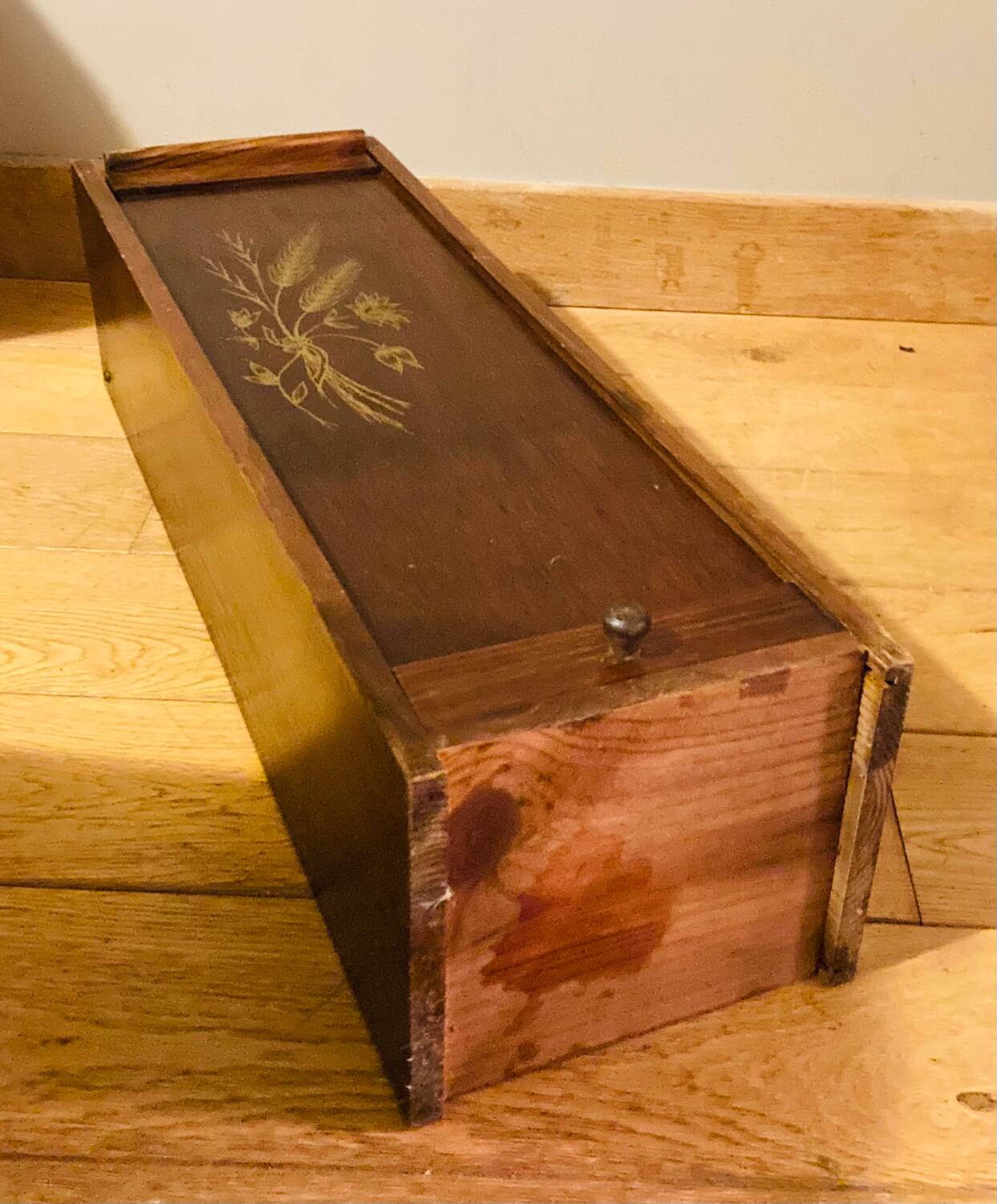 1980s solid wood bread bin decorated with a golden wheat sheaf