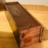 1980s solid wood bread bin decorated with a golden wheat sheaf