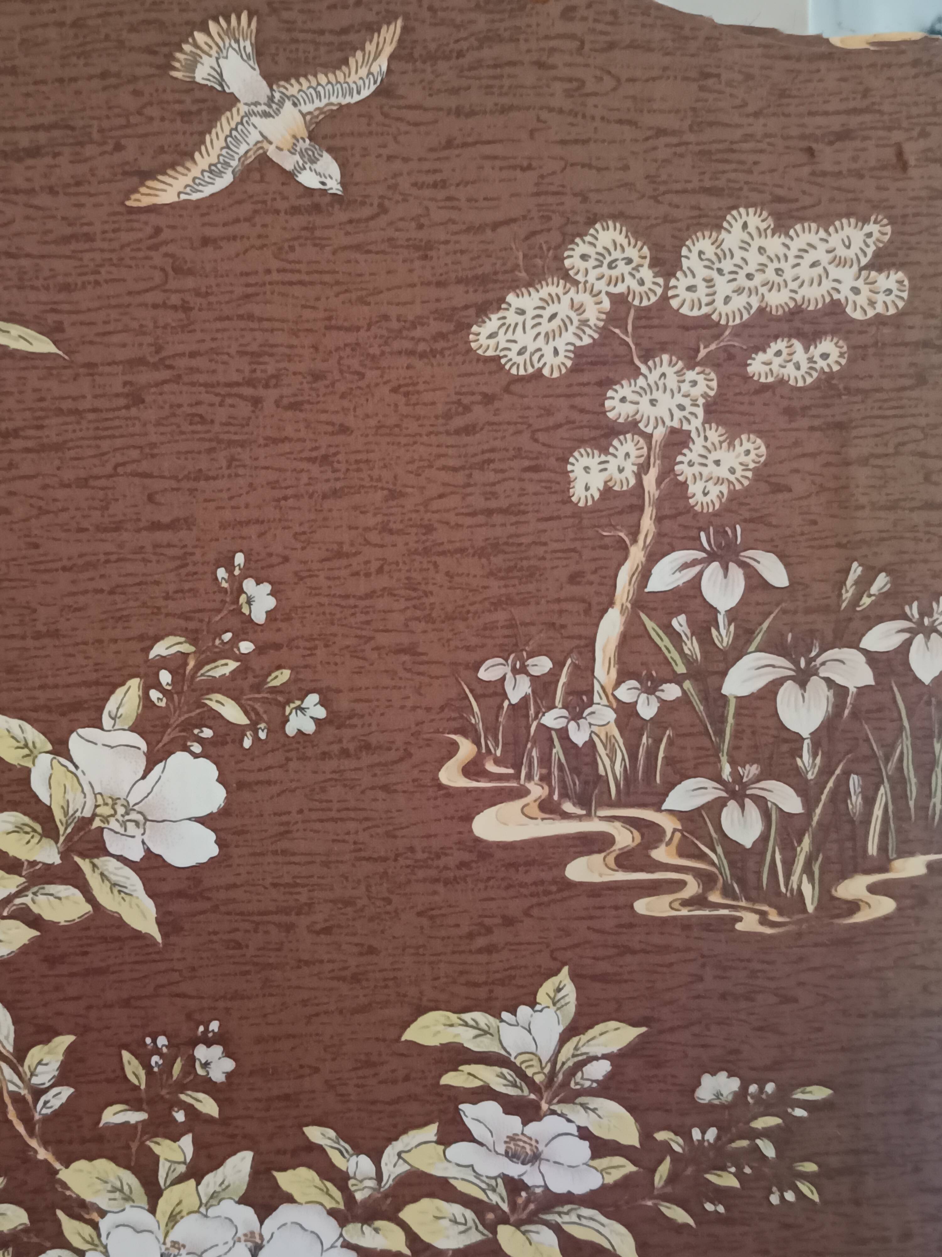 large antique headboard with 4 panels featuring Asian decor from the 1940s/50s