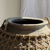 Immense light grey antique-style pot with a crosshatch lid and handles.