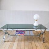 Rectangular coffee table in smoked glass and chrome double trays Design 1970
