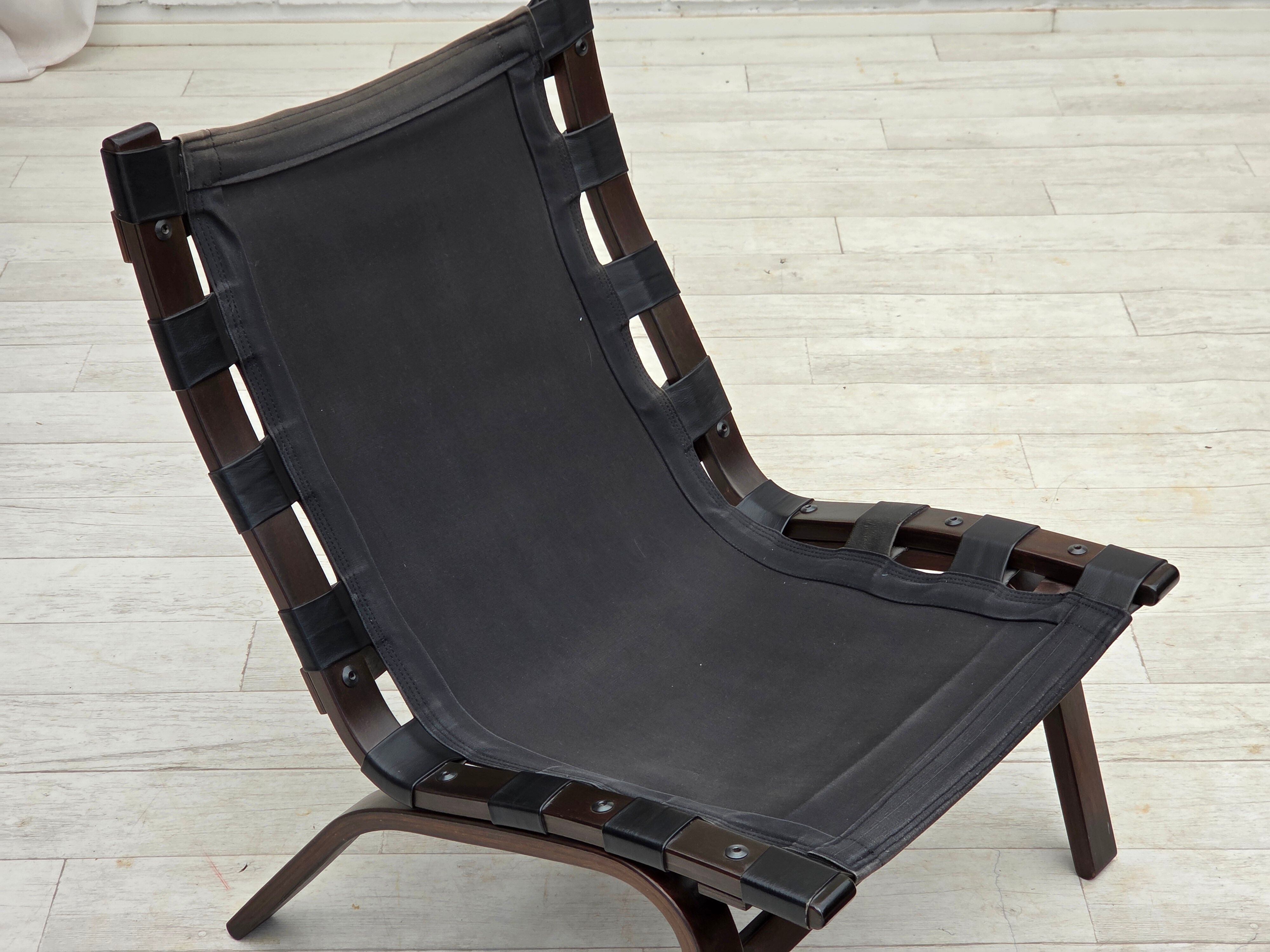 1970s, Danish loungechair by Farstrup, leather, canvas, bent wood.