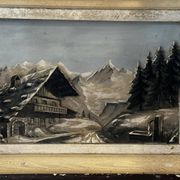 Sculpted and painted Alpine table mid-century L 56 cm/H 43 cm