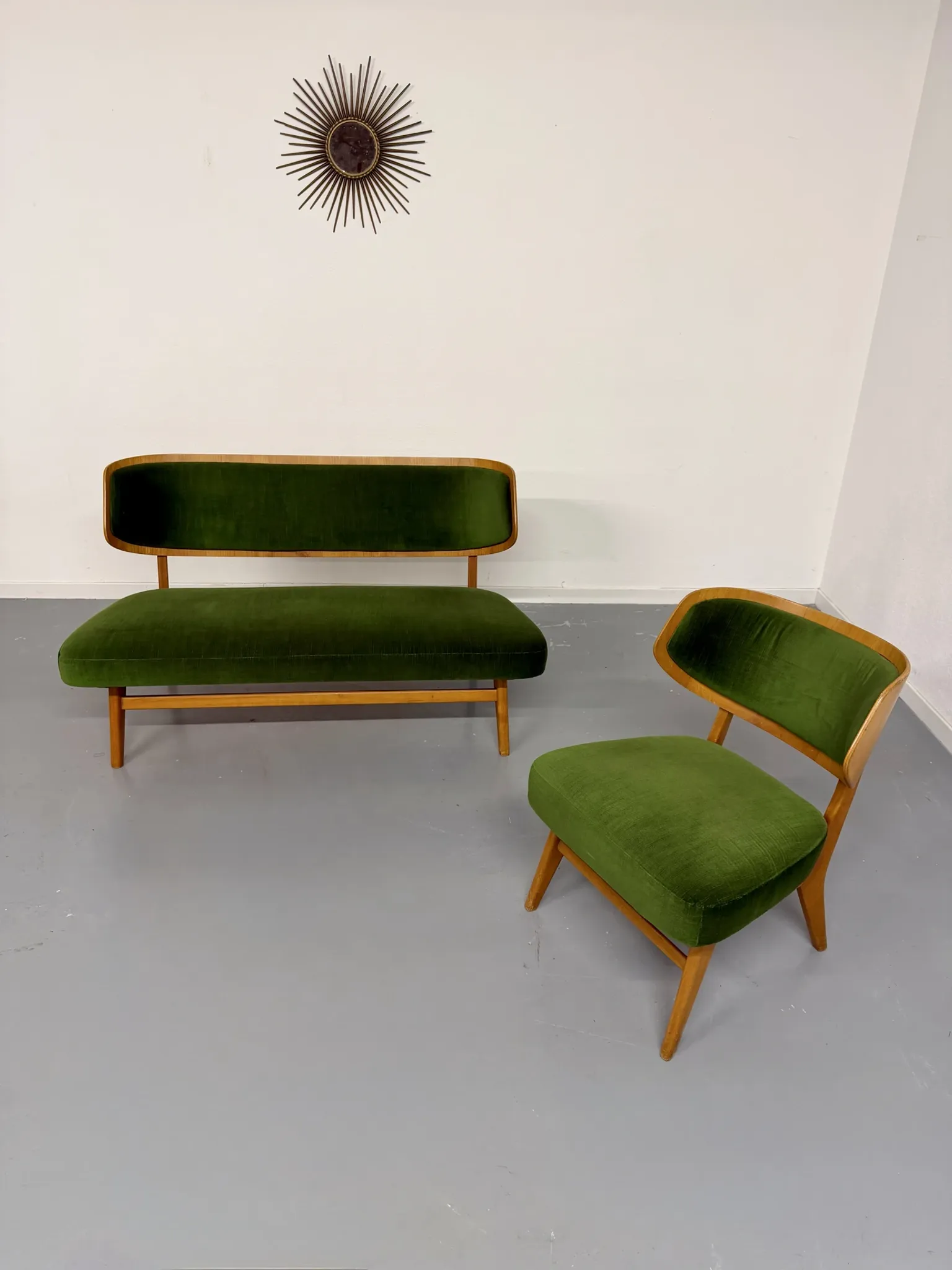 Sofa and armchair designed by Herta-Maria Witzemann, moulded wood, 1960s.