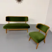 Sofa and armchair designed by Herta-Maria Witzemann, moulded wood, 1960s.