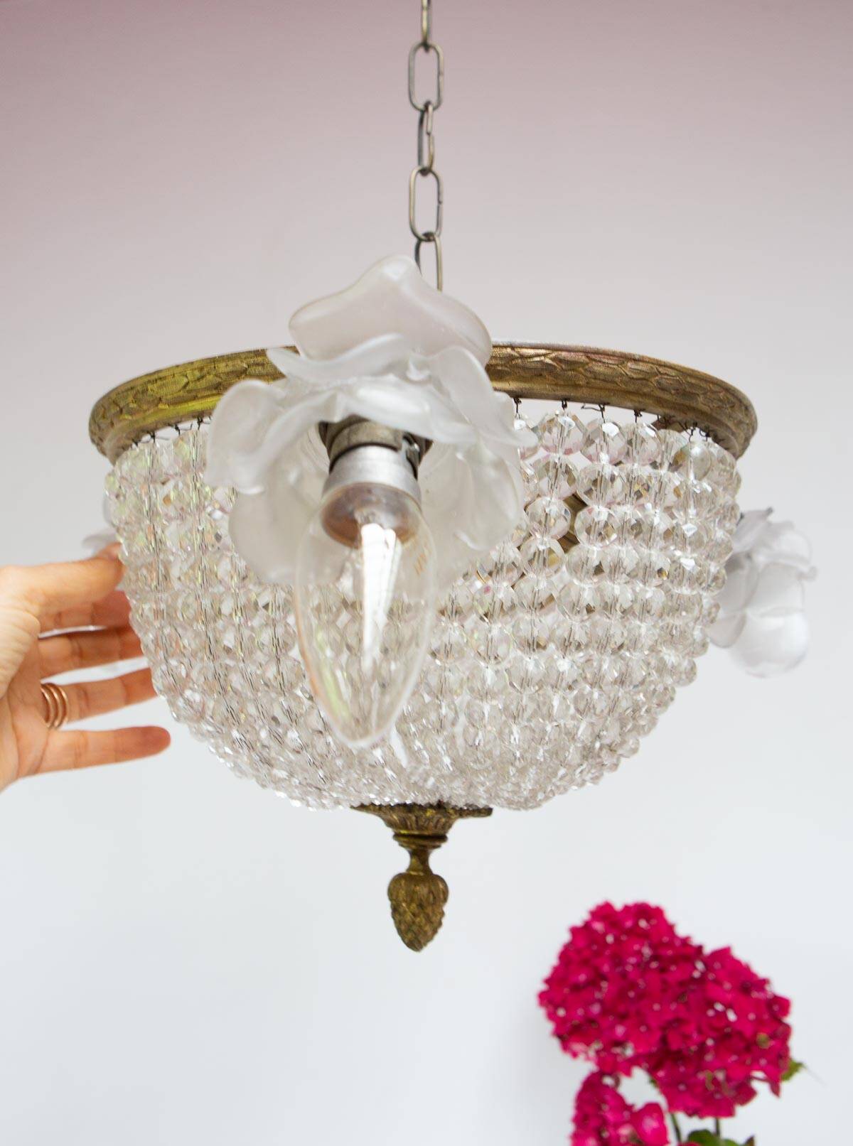 Old bronze ceiling light and 3 tulip flowers