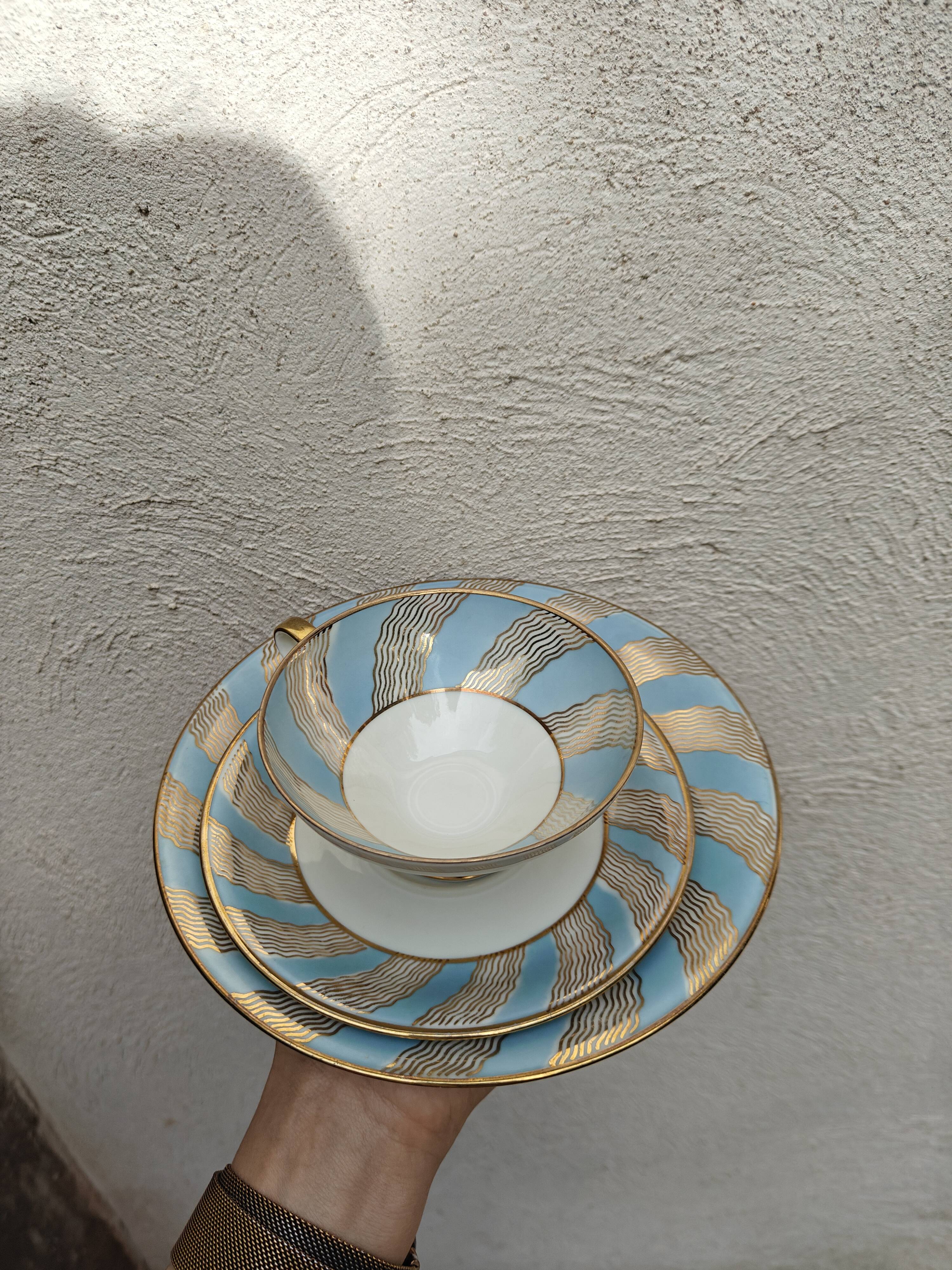 Vintage Bavaria ivory tea/coffee trio, sky blue & gold graphic waves.