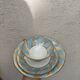 Vintage Bavaria ivory tea/coffee trio, sky blue & gold graphic waves.