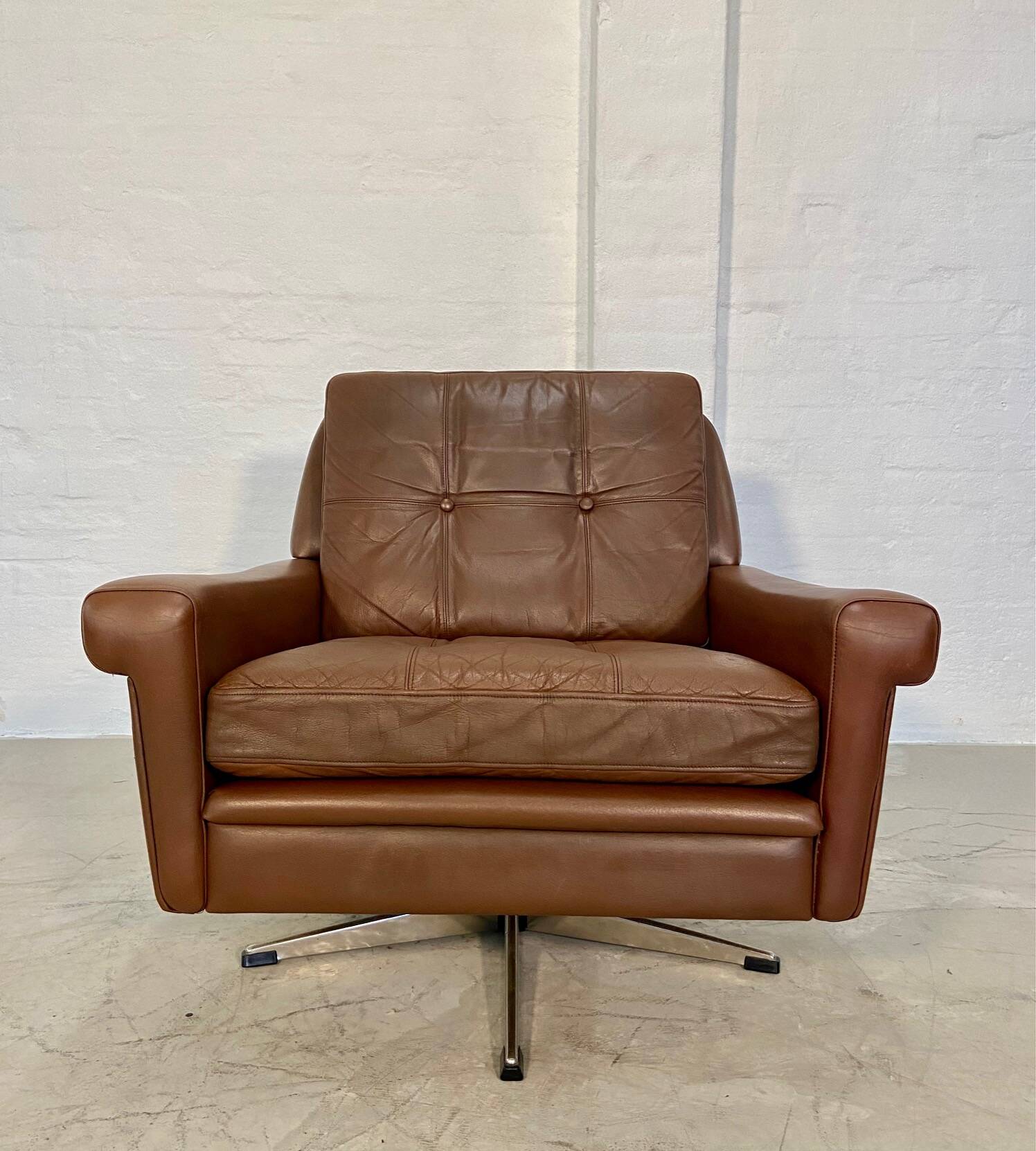Vintage danish retro mid-century svend skipper brown leather chair & stool 60s