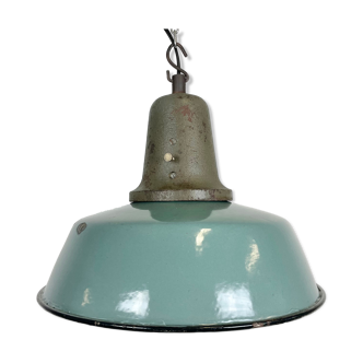 Industrial petrol enamel factory lamp with cast iron top, 1960s