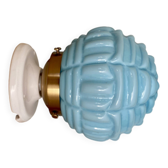 Vintage art deco globe wall lamp in blue opaline
