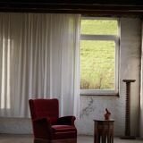 Pair of modern Danish lounge chairs, cherry red velvet, 1950s.