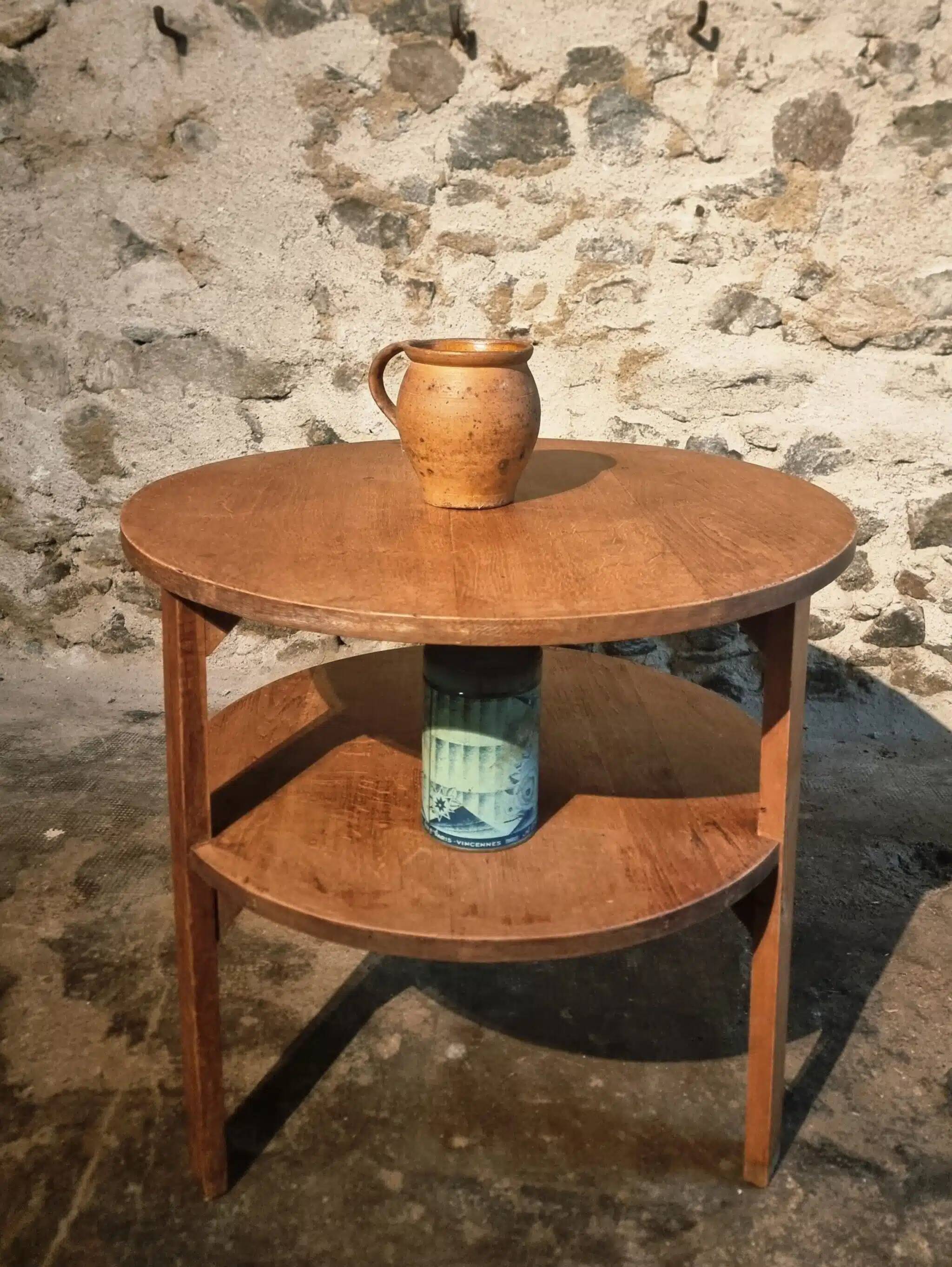 Vintage solid oak coffee table | 1930s round side table with shelf