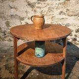 Vintage solid oak coffee table | 1930s round side table with shelf