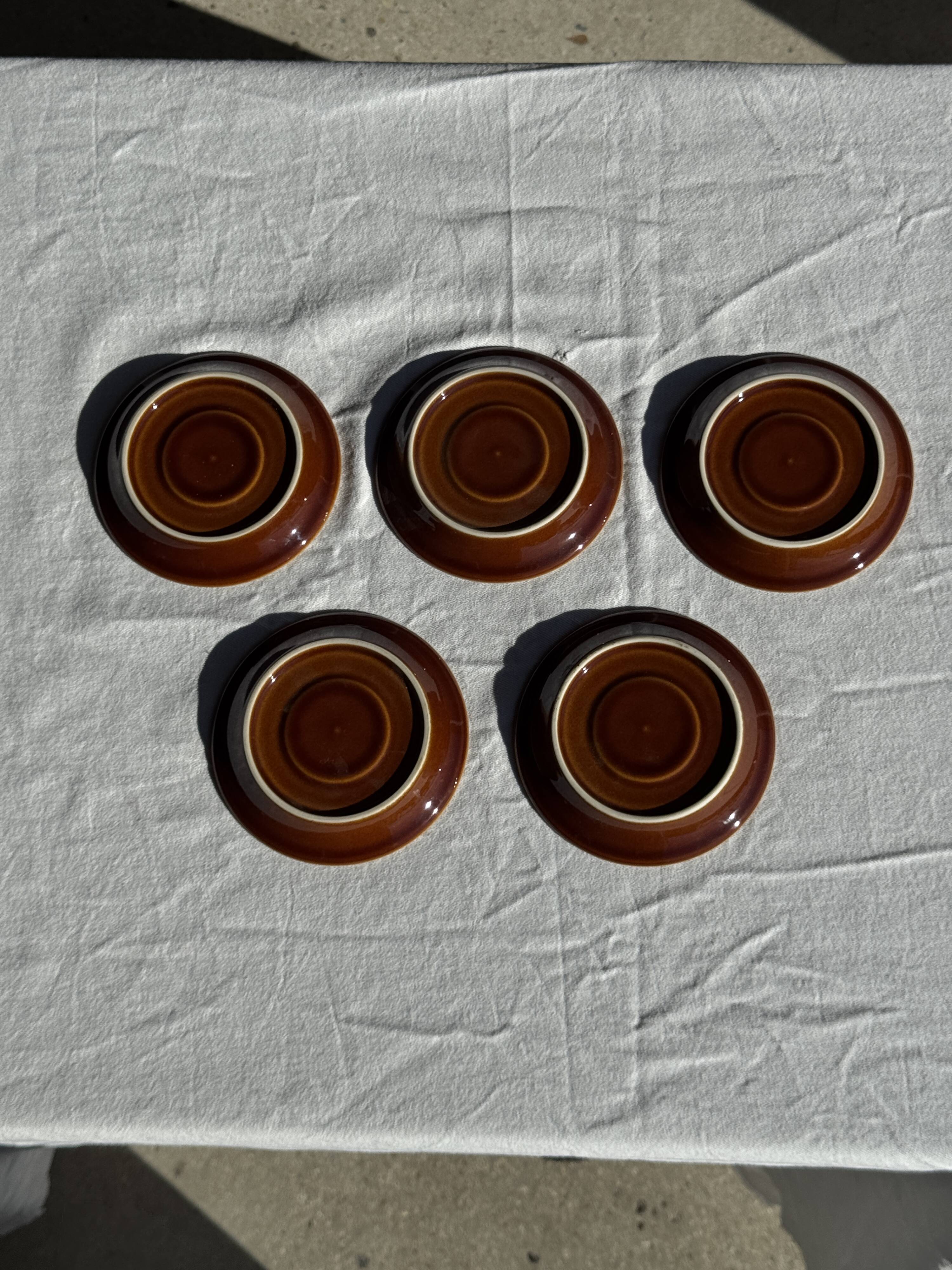 Set of 6 vintage brown glazed ceramic espresso cups with saucers.