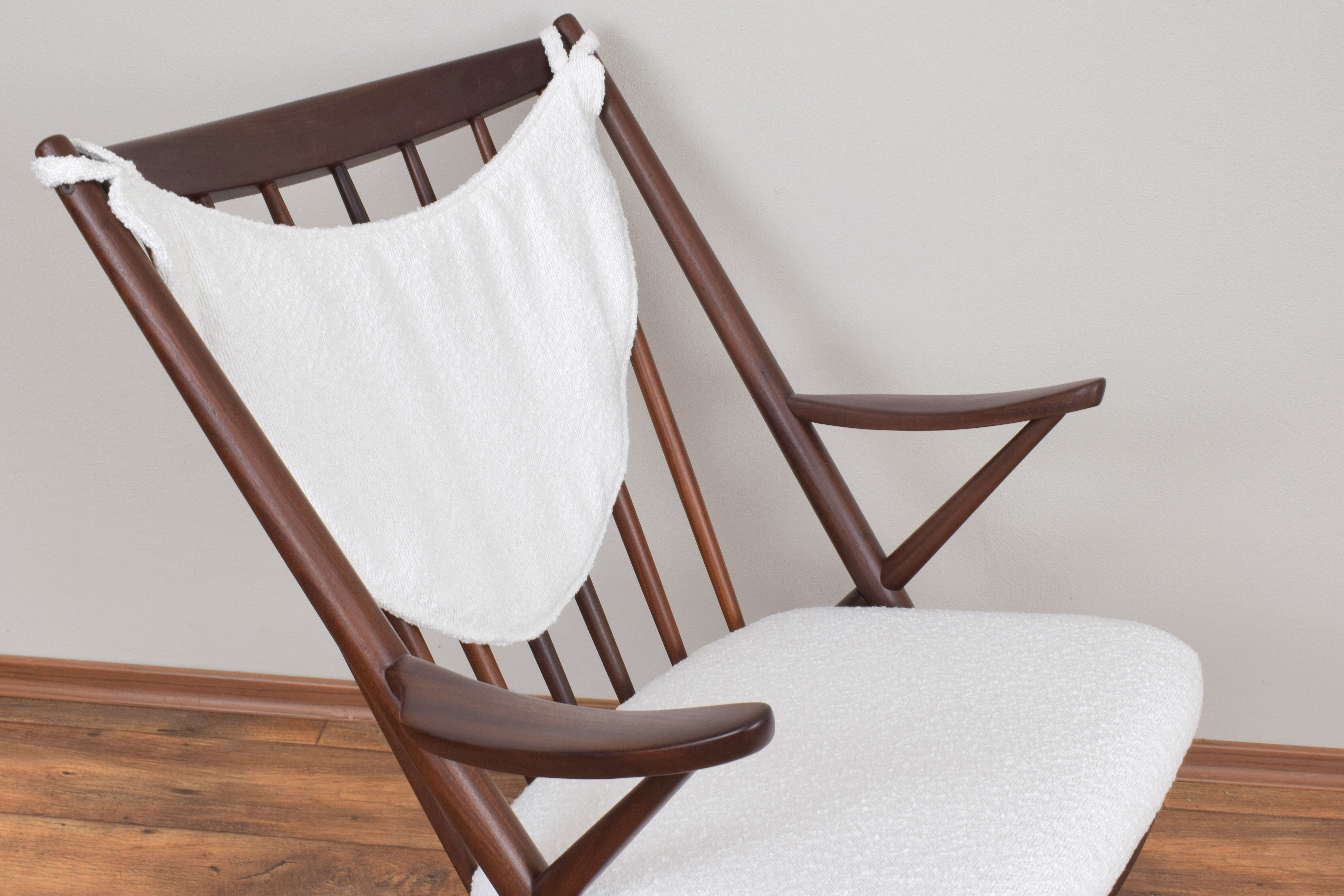 Danish teak & boucle rocking chair by Frank Reenskaug for Bramin